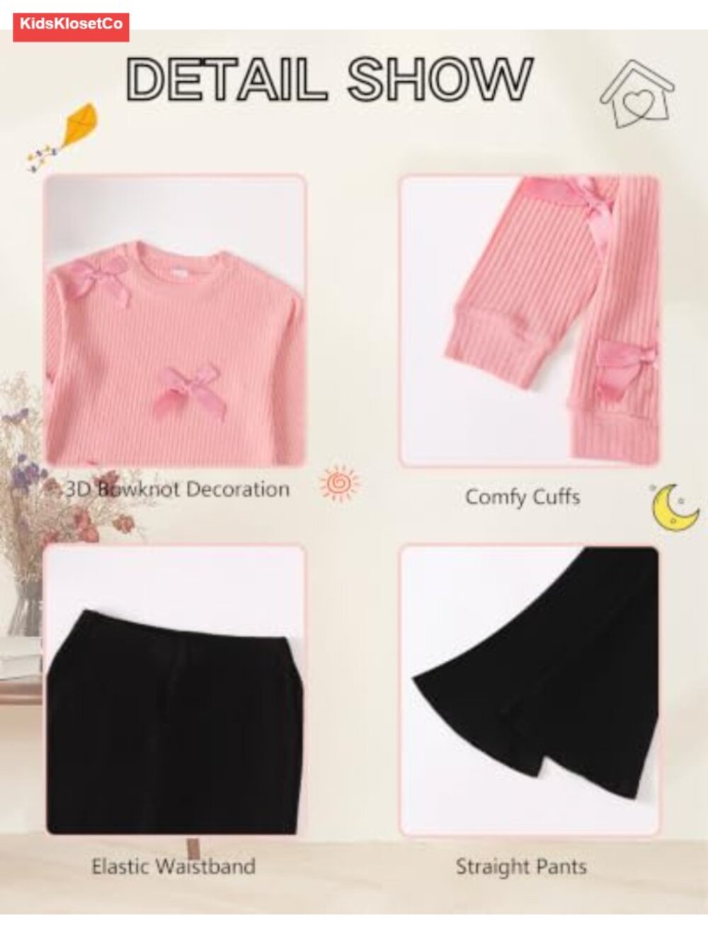 Girls Ribbed 2-Piece Set Fall Winter Outfit Bell Bottoms 3-8Y - Picture 5 of 6